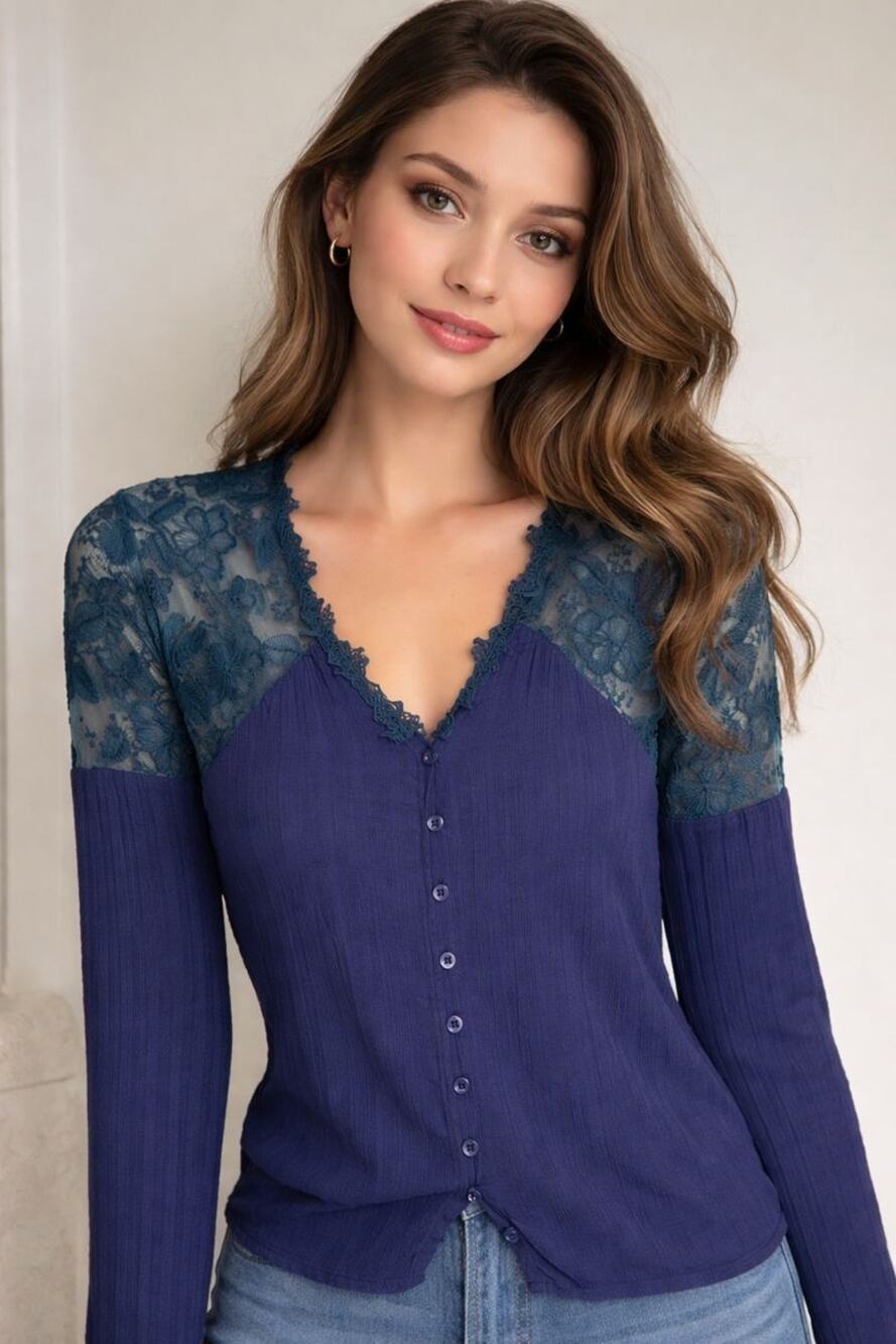 Women's Mesh Floral Embroidered Crochet Mixed Media Blouse Small Blue Fairy